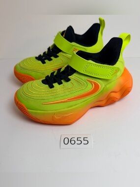 Nike Kids Neon Green and Orange Lightweight Sneakers with Hook Strap